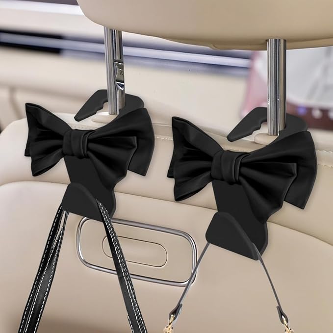 2PCS Car Purse Hooks, Car Hooks for Purses and Bags Cute, Cute Bow Shaped Vehicle Backseat Storage Hanger, Auto Leather Bow Back Seat Storage Hanging Holder Universal for Women Girls (Black)