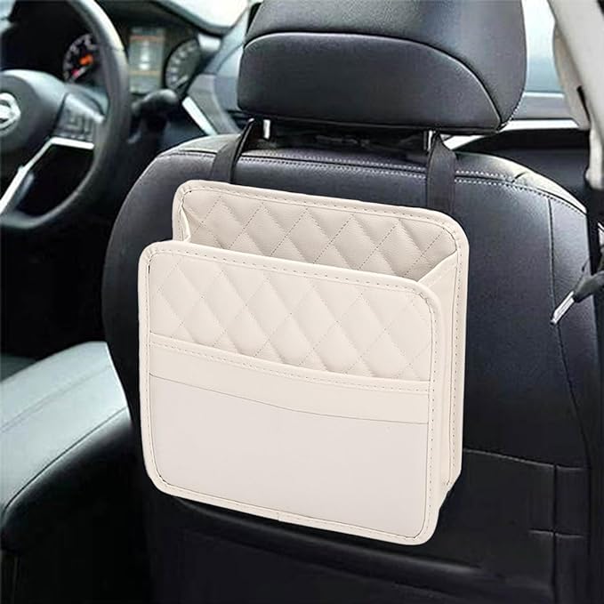 Car Seat Back Organizer, Foldable Leather Vehicle Backseat Storage Bag, Multifunctional Automotive Interior Hanging Pocket Accessories, Universal Fit (Beige)