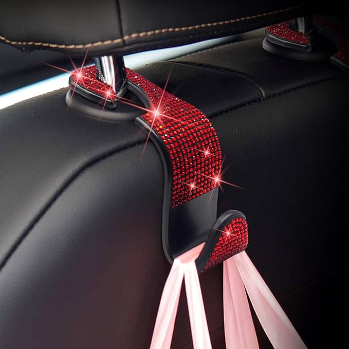 Car Purse Hook Bling Car Headrest Hook for Women Girls, 4 Packs Auto Back Seat Hangers Rear Headrest Hooks for Purse, Bag, Handbag, Grocery (Red)