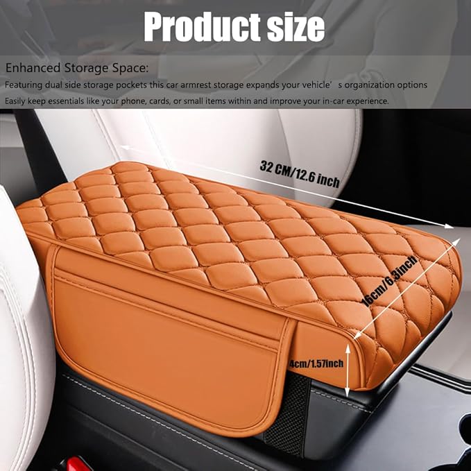 Universal Memory Cotton Car Armrest Box Pad, 2026 New Leather Car Armrest Box Pad with 2 Storage Bags, Auto Armrest Seat Box Cover, Center Console Cover Cushion for SUV, Car, Truck (Brown)