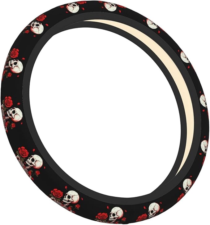 Ouqiuwa Red Rose Skeleton Steering Wheel Cover Women, Comfortable Elastic Steering Car Wheel Cover Fit 15 inches Universal Accessories Suvs Trucks Decor
