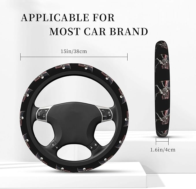 Ouqiuwa Skull and US Flag Steering Wheel Cover Women, Comfortable Elastic Steering Car Wheel Cover Fit 15 inches Universal Accessories Suvs Trucks Decor