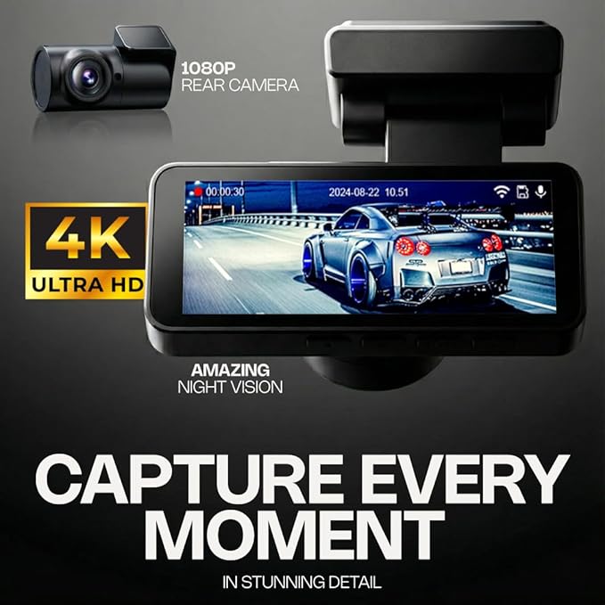 Pentro 4K Dual Dash Cam Front and Rear – UHD 2160P & 1080P Car Camera with WiFi – 64GB SD Card Included – Night Vision, G-Sensor, Parking Mode & Loop Recording – 170° Wide Angle