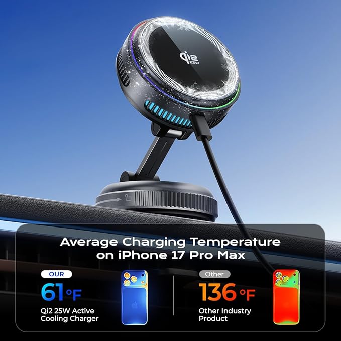 Qi2.2 Magnetic Car Mount Charger【25W Fast Charging+Ice-Cooling】 360° Rotating Fast Wireless Charger Stand with Cooling Fan/LED Light,Vacuum Magnetic Phone Holder Compatible with iPhone 12-17, S26/S25