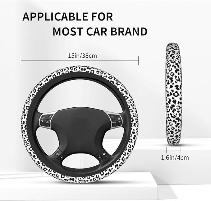 Gray Leopard Print Steering Wheel Cover Cheetah Animal Print Steering Wheel Cover Anti-Slip Breathable Universal for 15 Inch Car with 2 Pieces Car Coasters Suitable for Men Women