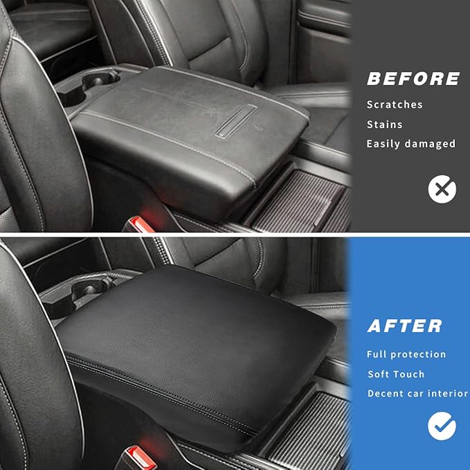 INTGET Car Center Console Cover for 2024 2025 Dodge Ram 1500 2500 3500 Accessories 2019 2020 2021 2022 2023 Armrest Arm Rest Box Lid Protector Pad Cushion Dog Seat Cover (Black with Black Stitches)