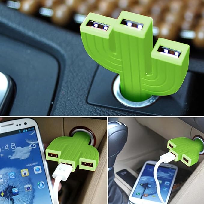 Ankuee Cactus 3USB Car Mount Charger, 12-24V Three Port Automotive Phone Charger Adapter, Compatible with 8 11 12 Plus Pro Max S9 S10 Note9, Universal for SUV, Truck, RV, Van, Office, Home