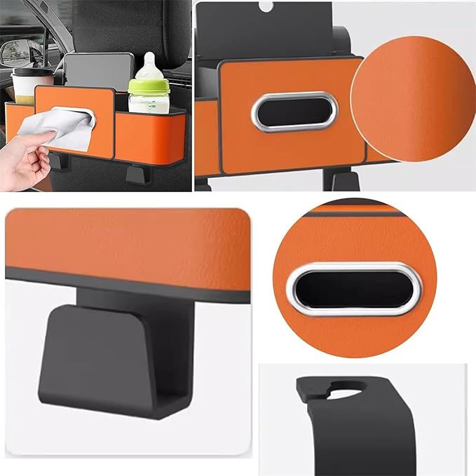 Car Organizers and Storage Box Behind Seat, Car Organizer Back of Seat, 4 in 1 Multifunctional Cars Organizer, For Snacks, Drinks, Bag Hook, Keep Tidy & Organized (Orange)