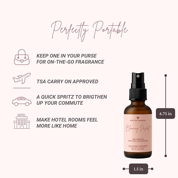 Blooming Desert Luxury Small Space Air & Linen Freshener Spray - Cactus Flower + Sandalwood - Designer-Inspired Home Fragrance - Non Toxic Room Spray + Odor Eliminator - 2 oz Travel Size