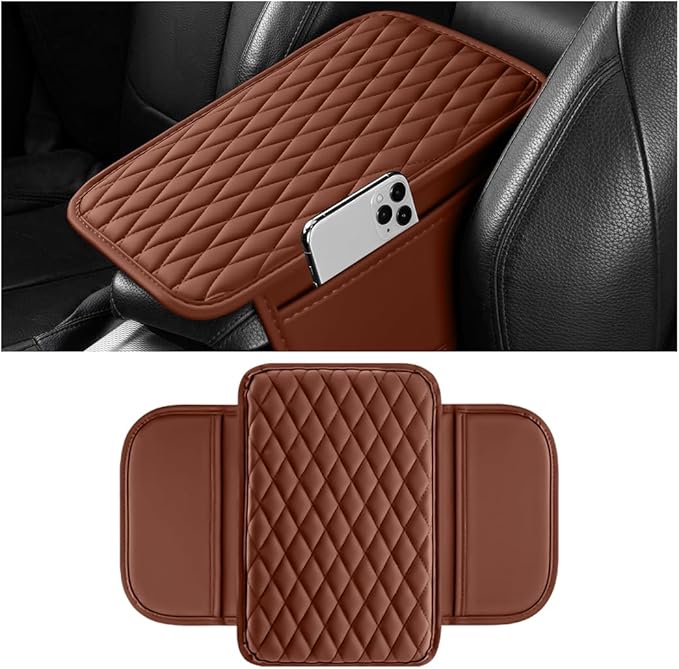 Car Armrest Cushion Pad, Leather Vehicle Center Console Cover with 2 Storage Bags, Non-Slip Automotive Interior Arm Rest Seat Box Cover Accessories, Universal for SUV RV Sedan (Brown)
