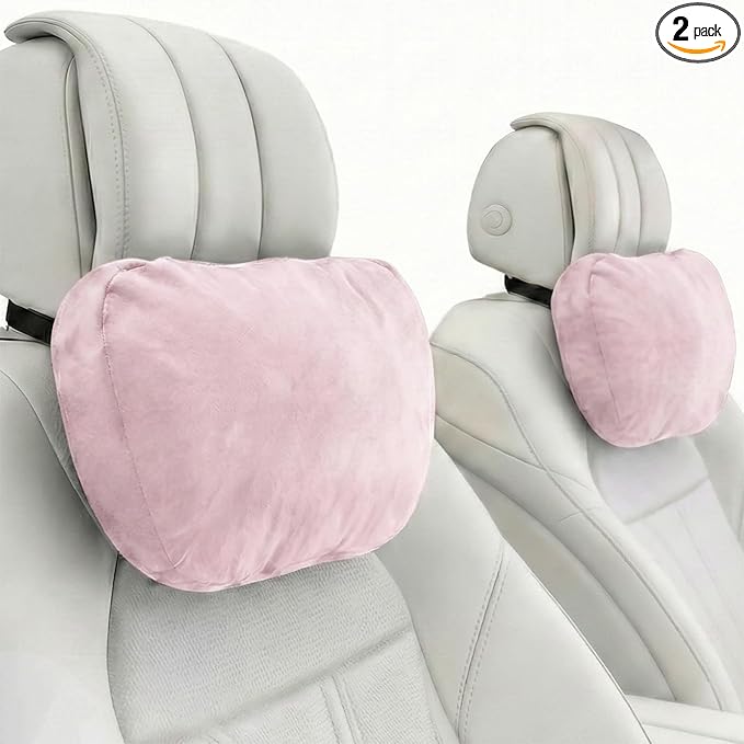 2PCS Car Pillow for Car Neck Pillow for Driving Seat Neck Support Soft Cushion Back Support Head-Rests for Vehicle Sleeping with Elastic Adjustment Strap (Light Pink, Head)