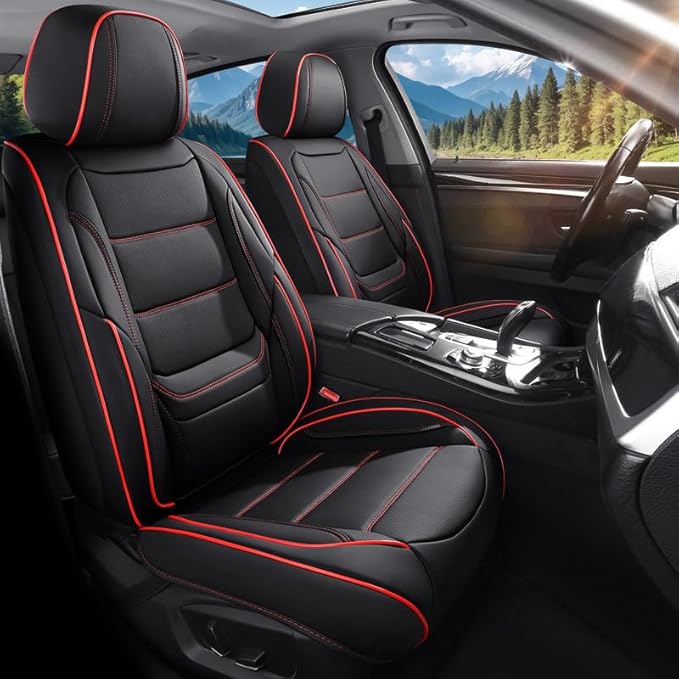 Car Seat Covers Full Set fit for Chevrolet/Chevy HHR 2006-2011 , Premium Faux Leather Waterproof Car Seat Protectors with Lumbar Support, Breathable Anti-Slip Auto Seat Covers(Black&Red,Full set)