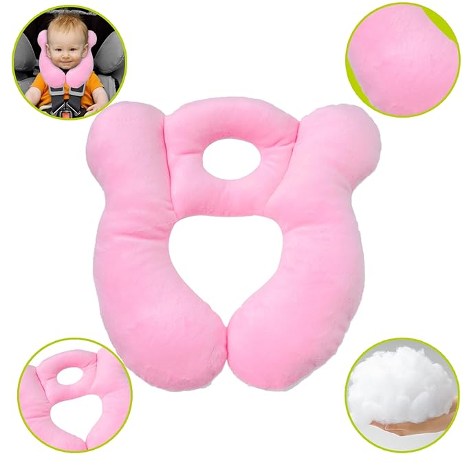 Baby Travel Pillow, Infant Kid's Cushion Soft and Skin Friendly for Car Seat, Pushchair and Stroller (Plush Pink)