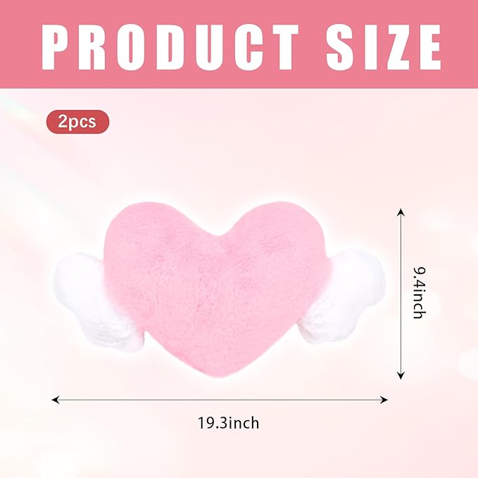 AKAZA 2 Pcs Plush Heart Shaped Pillow with Angel Wings - Car Headrest Cushion, Soft Comfortable Seat Pillow for Driving Travel, Office Room Car Decor ，Pink, 19.7 x9.4 Inch (Pink)