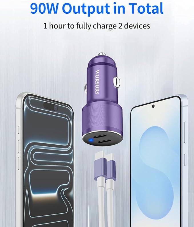 Purple Dual 45W USB C Car Charger, 90W Max Super Fast Charging, All Metal 12V Cigarette Lighter Adapter for iPhone 17 Pro Max/16/15/iPad, Samsung Galaxy S26/S25, Google Phone with 2 Type C Cable 3.3ft