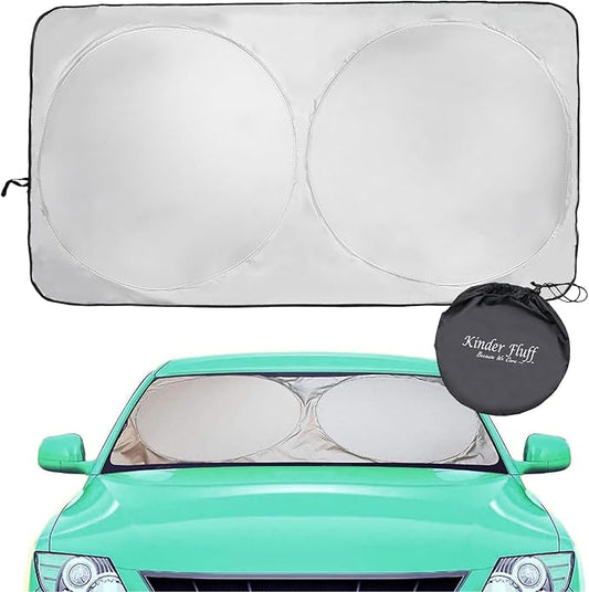 Windshield Sun Shade - Certified 99.87% UVB & 99.02% UVA Protection Car Sun Shade. Award Winning Sunshade for Car Windshield with Patented Technology. Size L 63"x35" Car Window Shades by Kinder Fluff