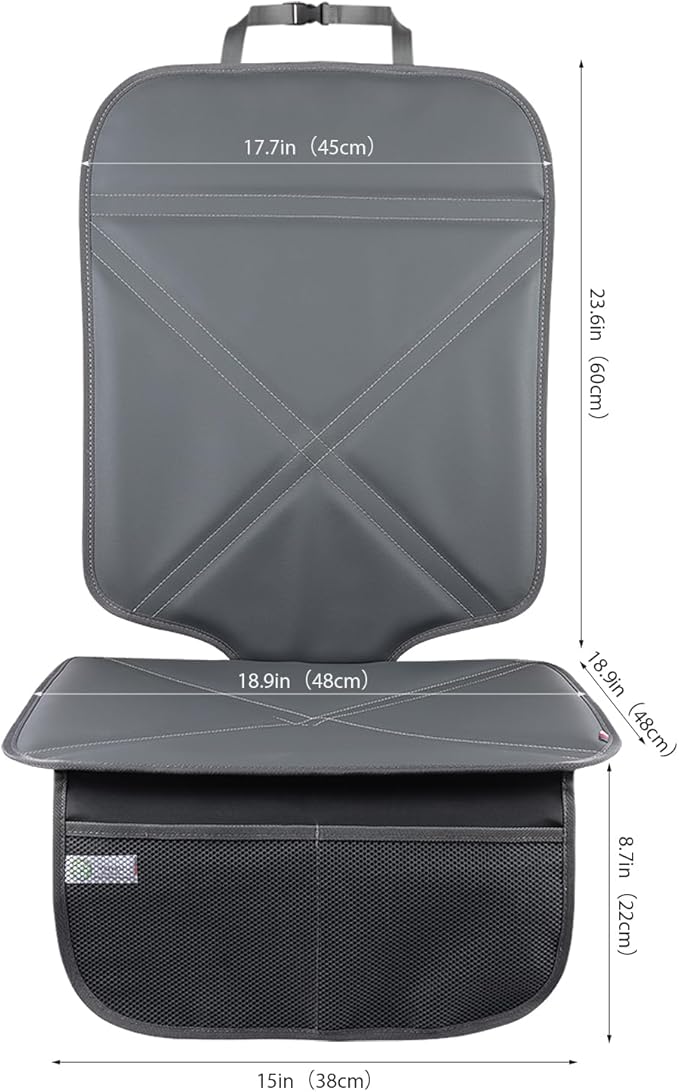 Car Seat Protector Leather Waterproof Child Safety Seat Protector Cover with Thick Pad and 2 Large Pockets Durable Kick Mat for All Auto Seat (Deep Gray)