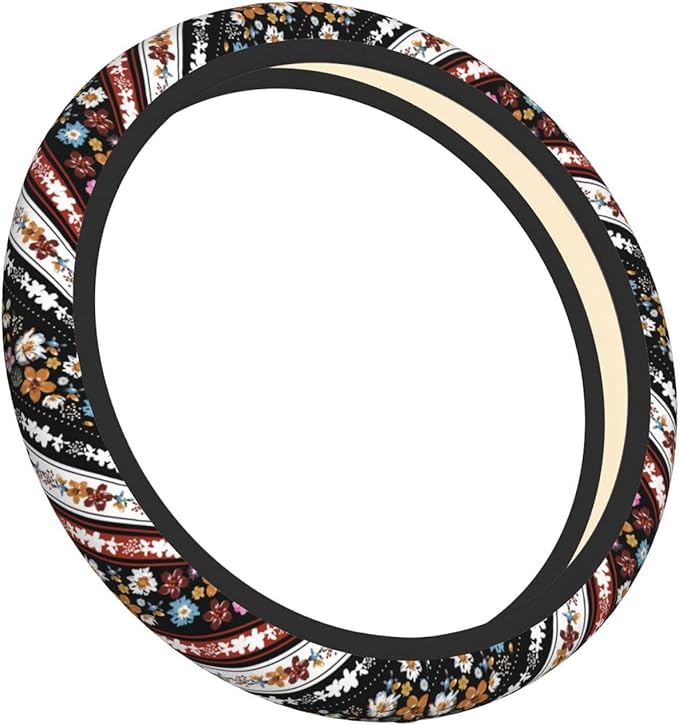 Boho Floral Steering Wheel Cover Women Men Flower Elastic Stretch Soft Car Wheel Protector Universal Breathable No-Slip Car Accessories for Truck Van SUV Auto Fit 14-15 Inches