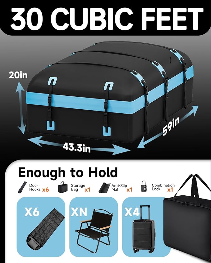 Car Rooftop Cargo Carrier Bag 30 Cubic Feet, Soft-Shell Luggage Cargo Bag Waterproof Bag, Include 2 Reinforced Straps, 6 Door Hooks, Anti-Slip Mat, Luggage Lock