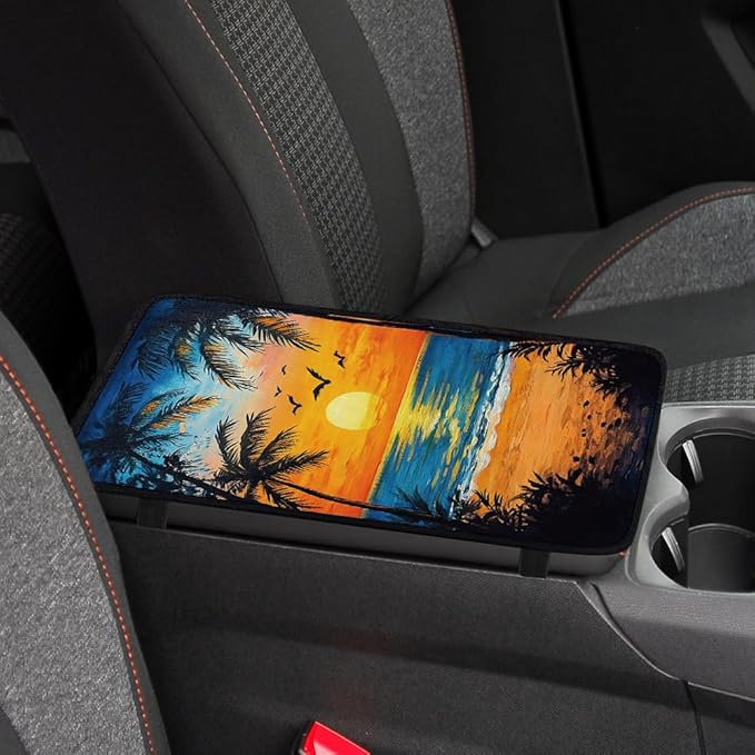 1pc Center Console Armrest Cover Pad 12.6x7.5 inch Palm Tree with Sunset Neoprene Car Armrest Cushion Waterproof Armrests Seat Box Cover Protector for Universal Cars Vehicles SUVs