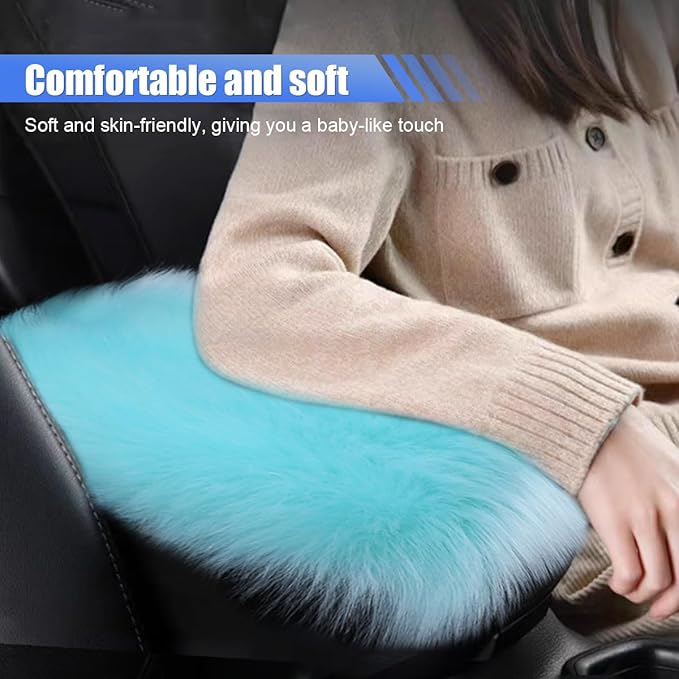 Auto Center Console Cover Pad, 11.81"x 7.87" Warm & Furry Winter Car Armrest Cover, Soft Faux Sheepskin Wool Car Armrest Seat Box Protector Cushion, Universal Interior Accessory (Blue)