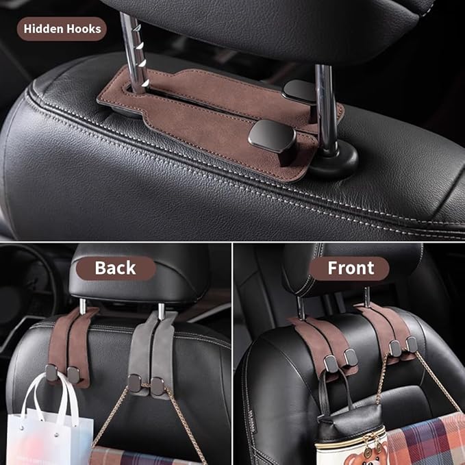 KINIVA Car Seat Headrest Storage Hooks, Set of 2, Suede PU Leather, Double Hooks (Brown)