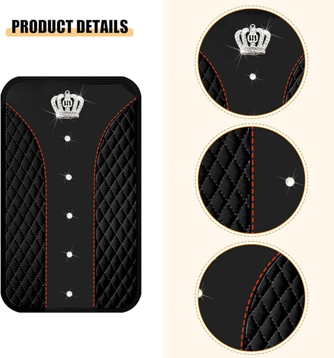 Bling Car Center Console Cover, Crown Crystal Rhinestones Vehicle Armrest Mat Protector, Anti Slip Sparkling Automotive Arm Rest Seat Box Cushion Pad Decor Accessories, Universal Fit (Black)
