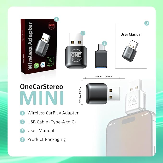 OneCarStereo Mini Wireless CarPlay Android Auto Adapter, Plug & Play, 2026 Upgrade, Convert Wired CarPlay to Wireless for iOS 10+, Fast Stable 5.8GHz Wi-Fi USB Car Play Dongle