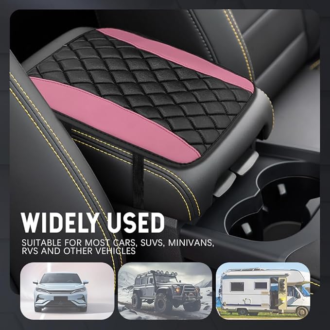 Car Center Console Cushion Pad, Car Armrest Cover, Universal Leather Waterproof Armrest Seat Box Cover, Car Interior Decor Accessories Comfortable Auto Armrest Cover Protector for Cars (Pink)