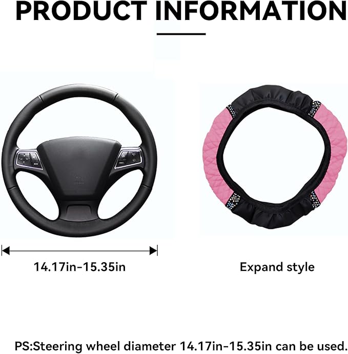 Bling Car Steering Wheel Cover, 15 Inch Rhinestones Soft Leather Elastic Steering Wheel Protector, Sparkly Crystal Diamond for Women Girls, Car Interior Accessories for Most Cars (Pink)