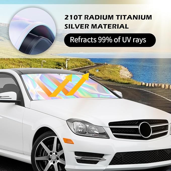 55.12 * 27.56" Windshield Sun Shade Foldable,Upgraded 210T Radium Titanium Silver Car Windshield Cover with Storage Pouch for Automotive Interior Protection,Universal Car Sun Shade (55.12*27.56 inch)