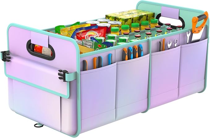 titiyiof Trunk Organizer For Suv&Sedan,Car Organizers&Storage, Waterproof Collapsible & Adjustable Straps,70L Sturdy Car Organization for Car Accessories,Tools,Sundries,2-3Compartment(Colorful Green)