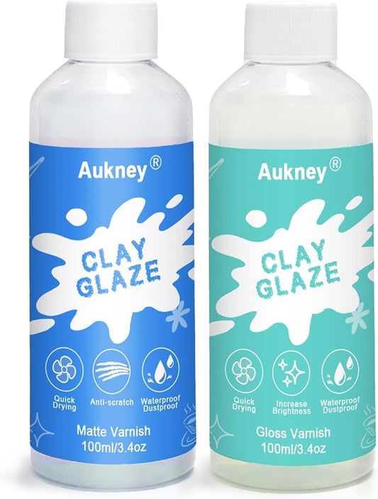 2 x 100ml Air Dry Clay Varnish, 100ml Gloss and 100ml Matte Finish Air Dry Clay Glaze， Prevent Clay from Cracking, and Scratch Resistant，for Ceramics, Oil Paintings, Wood (Gloss+Matte)