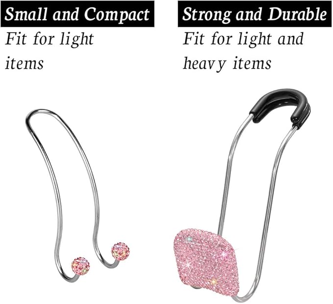 SAVORI Car Headrest Hooks Bling Car Accessories Rhinestones Universal Auto Back Seat Headrest Metal Hanger Organizer Vehicle Holder for Bag Purse Clothes Grocery 2PCS (Pink)