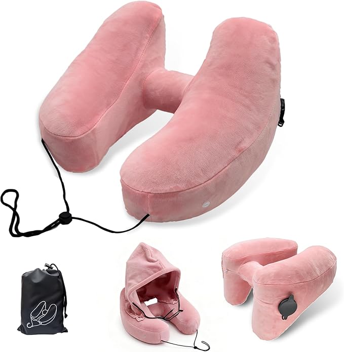 H-Shaped Travel Pillow with Snap-On Hood – Ergonomic Neck Support with Plush Velvet Cover, Instant Inflation & Compact Bag – for Airplane, Car, Office & Long Trips (Red)