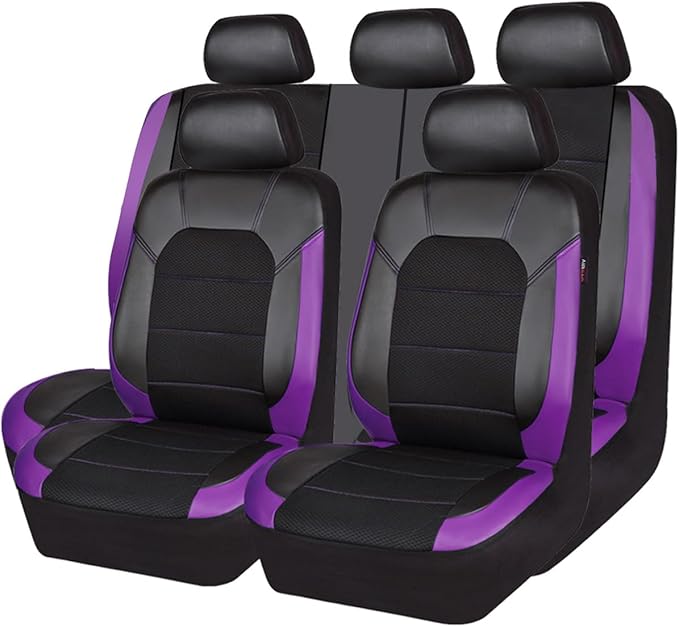 CAR PASS Leather Seat Covers, Breathable Universal Car Seat Cover Full Set for Cute Women Girly,Super 5mm Composite Sponge Inside,Airbag Compatible fits Most Auto,SUVs,Trucks,Vans(Black&Purple)