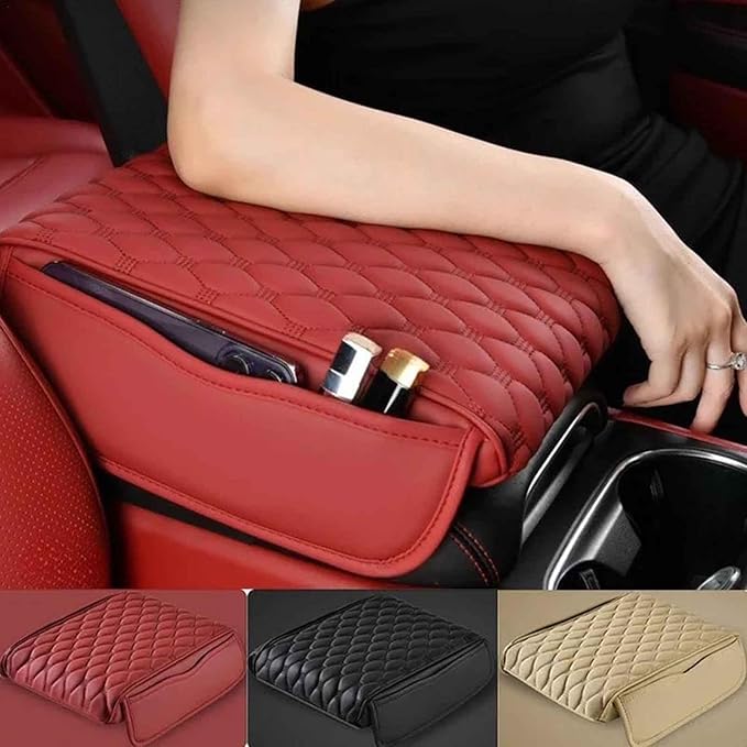 Car Center Console Cover for Dodge Ram 5th Ram 1500 2019-2024, Universal Leather Armrest Cover Protector Cushion Waterproof Interior Accessories with 2 Storage Bags,B/Brown