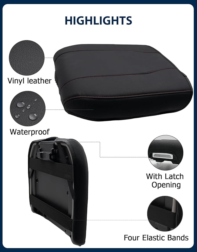 Center Console Cover for Chevy Silverado 1500 Accessories & GMC Sierra 2019-2026, Yukon & Tahoe & Suburban 2021-2026, Bucket Seat Only, Vinyl Armrest Middle Console Cover, Black-Red Stitch
