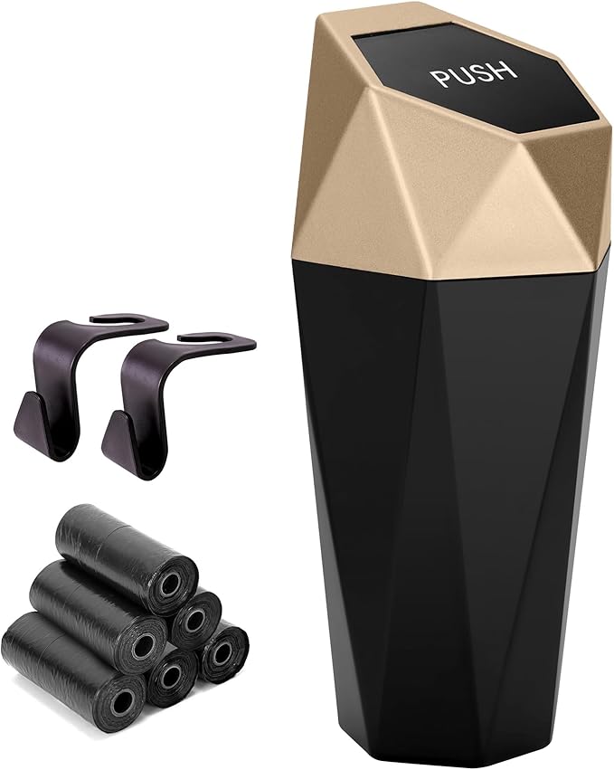 Ginsco Car Trash Can Cup Holder, 2 Pack Mini Car Trash Can with Lid, Car Accessories for Interior, Leakproof Small Trash Cup for Car, Home with Additional 2 ABS Hooks and 90pcs Trash Bags Golden