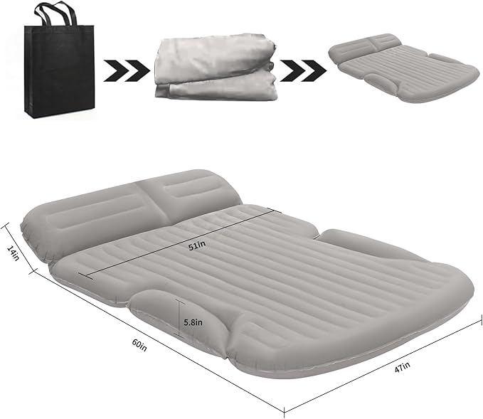 KMZ SUV Air Mattress Thickened and Double-Sided Flocking Travel Camping Bed with 2 Pillows & Pump Dedicated Mobile Cushion Inflatable Bed for SUV Trunk and Rear Seat (Light Gray)