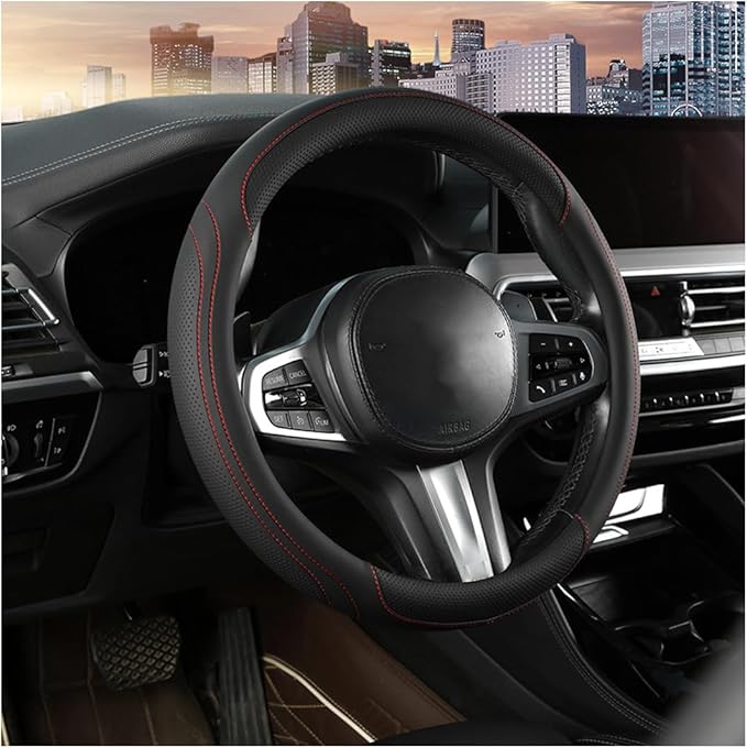 HZEL Car Steering Wheel Cover, 15 Inch Leather Comfortable Vehicle Steering Wheel Protector with Inner Rring, Anti-Slip Automotive Interior Accessories, Universal for SUV RV Truck (Black/Red)