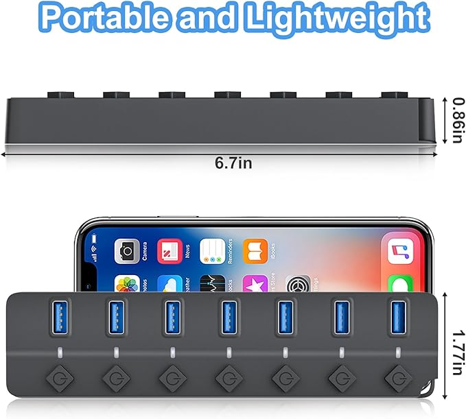 ONFINIO USB Hub 3.0, 7-Port USB Hub Splitter with Individual On/Off Switches and Lights, 3.2ft/1m Long Cable Compatible with MacBook, Laptop, Surface Pro, PS4, PC, Flash Drive, Mobile HDD-Gray