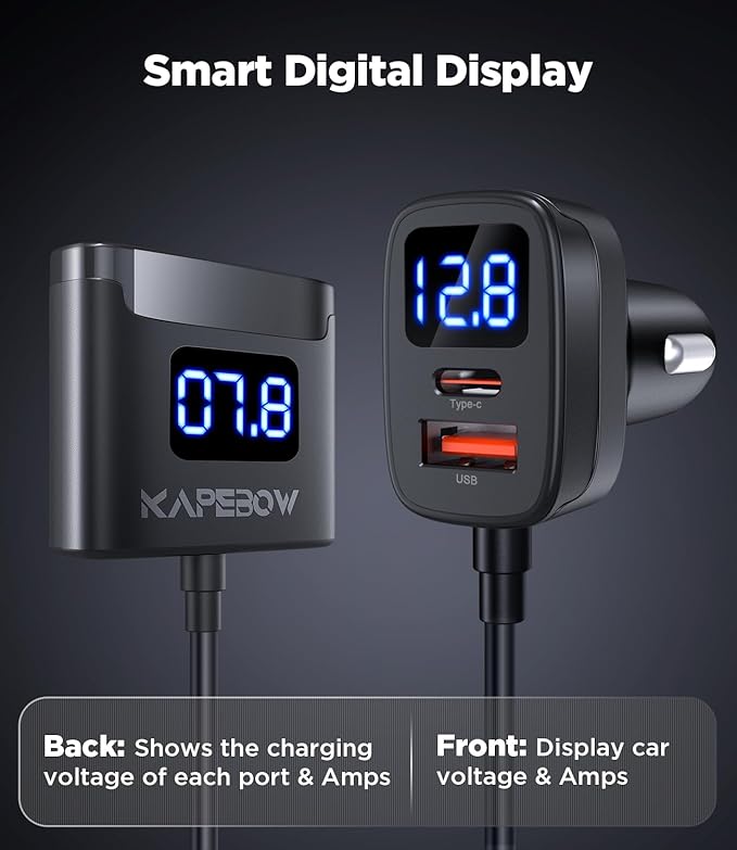 kapebow 78W Fast Charging USB C Car Charger, 5 Port Car Phone Charger with Voltage Display, 5FT Extention PD&QC 3.0 Type C Car Charger for Back Seat for iPhone iPad Samsung Pixel Phones