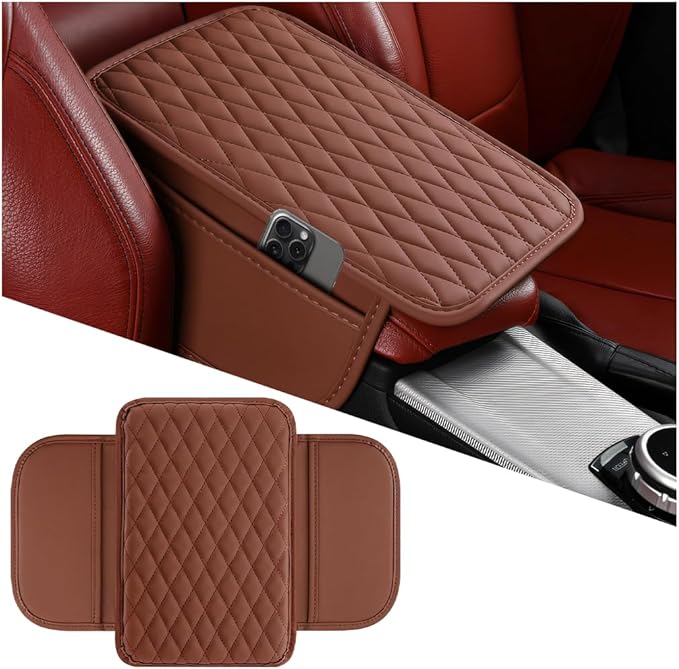 Mandark Car Center Console Cover, Microfiber Leather Vehicle Armrest Protector Cushion with 2 Storage Bags, Auto Interior Arm Rest Seat Box Pad Accessories, Universal for SUV, Sedan, Truck (Brown)