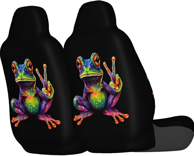 Delerain Car Seat Covers Set 2Pcs, Colorful Peace Frog Universal Front Car Seats Vehicle Enterior Protector Suitable Fits Most Car Auto SUV Sedan Truck