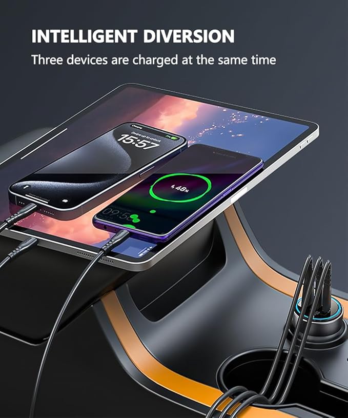 200W Car Charger, USB C Car Charger PD3.0 QC4.0 PPS Fast Charging Car Adapter with 2 100W USB C Cable 3 Port Type C Cigarette Lighter for Dell XPS, MacBook, iPhone 16 15 14, Galaxy S24 Ultra, iPad Pro