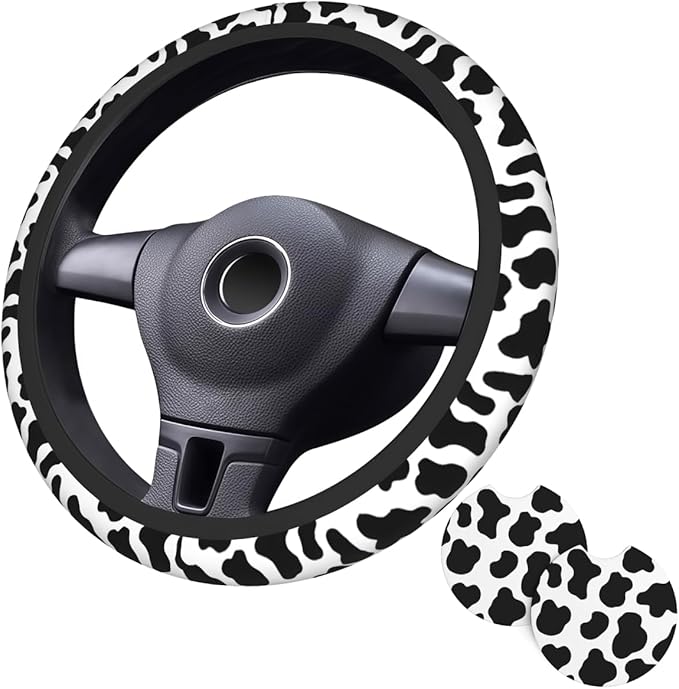 Cow Print Steering Wheel Cover - Cattle Print Steering Wheel Cover Anti-Slip Breathable Universal for with 2 Pieces Car Coasters Suitable for Men Women