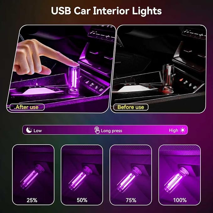 4 PCS USB Night Light, Touch Dimmable Mini USB LED Car Interior Ambient Lights, Portable Plug-in Glass Bottle Night Lamp for Car, Tent, Desk, Bedside(2Blue&2Purple)