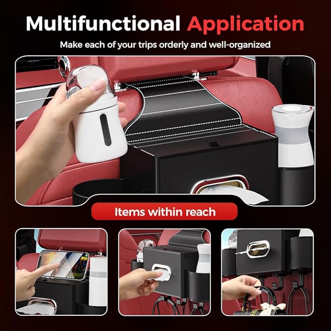 3-in-1 Car Backseat Organizer with Cup Holder, Tissue Box, Trash Bin & Hooks,Multifunctional Back Seat Car Organizer for Hold Phones,Snacks,Drinks,and Handbags (A-Orange)