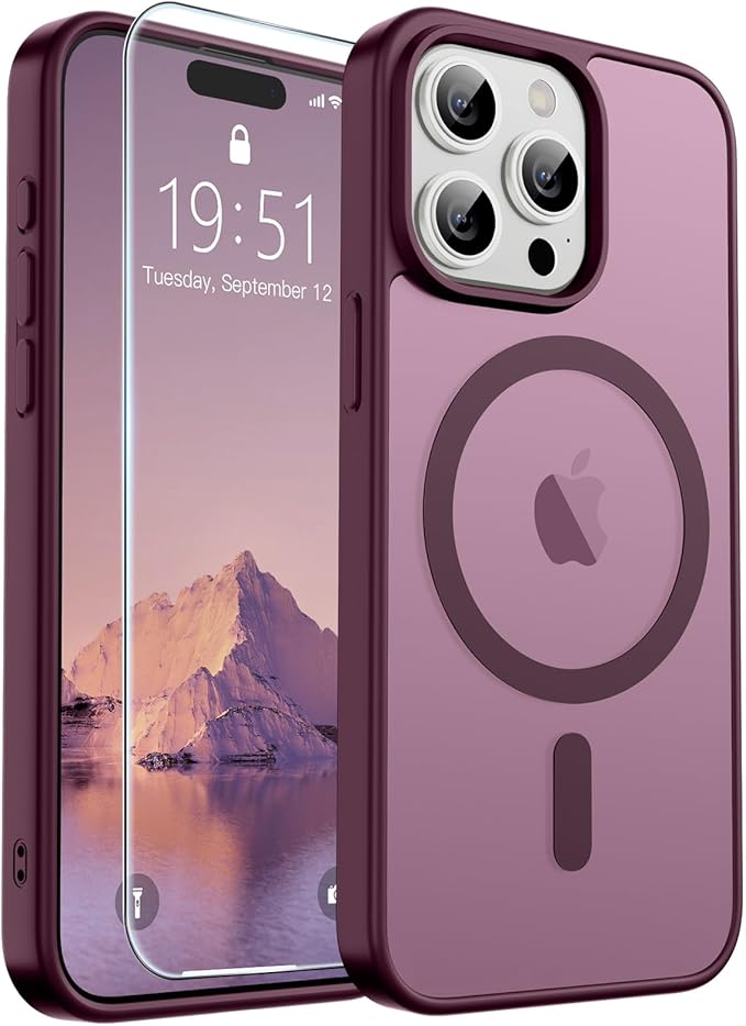 SUPFINE Magnetic for iPhone 15 Pro Max Case (Compatible with MagSafe) (Military Grade Drop Protection) Slim Translucent Matte Shockproof with Anti-Fingerprint Phone Case,Wine Red